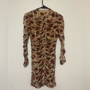 Venus women's S rose print fully ruched long sleeve mini dress w/ mock neck EUC
